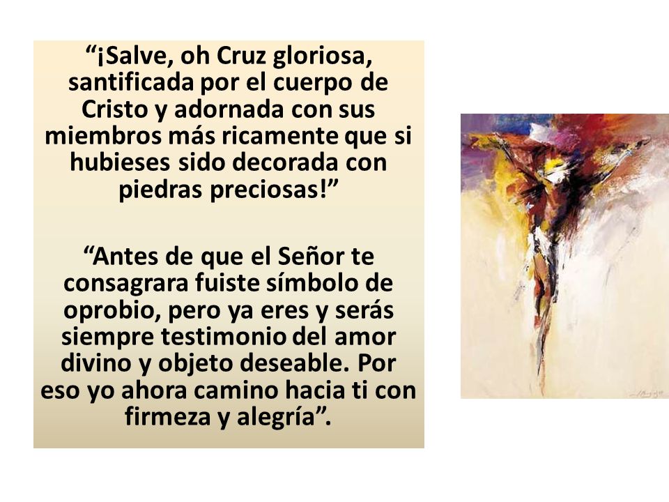 ¡Salve, oh Cruz gloriosa, santificada por el cuerpo de Cristo y adornada con sus miembros más ricamente que si hubieses sido decorada con piedras preciosas!