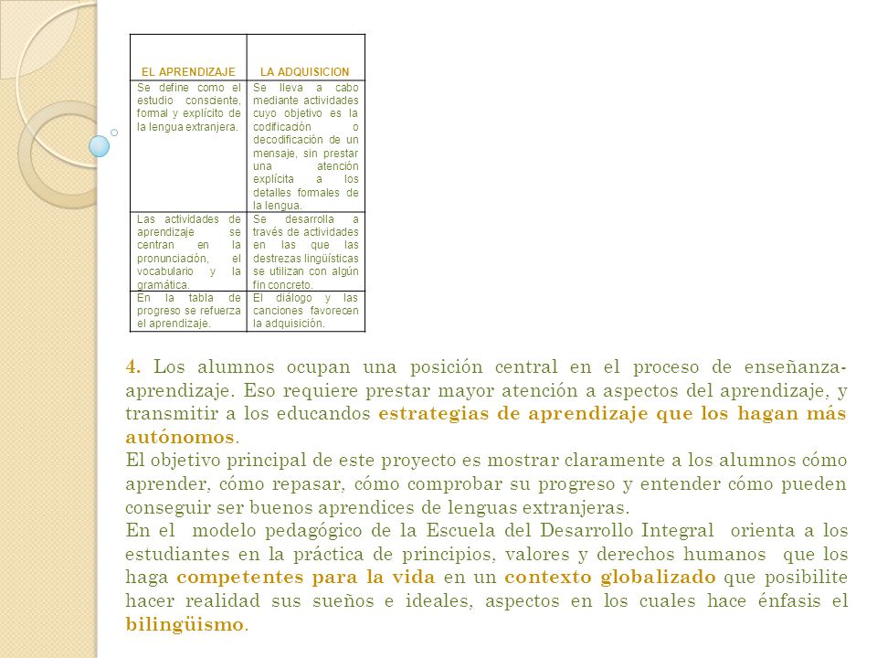 EL APRENDIZAJE LA ADQUISICION. Se define como el estudio consciente, formal y explícito de la lengua extranjera.
