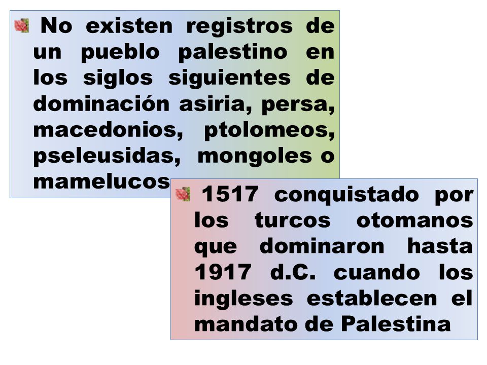 No existen registros de un pueblo palestino en los siglos siguientes de dominación asiria, persa, macedonios, ptolomeos, pseleusidas, mongoles o mamelucos