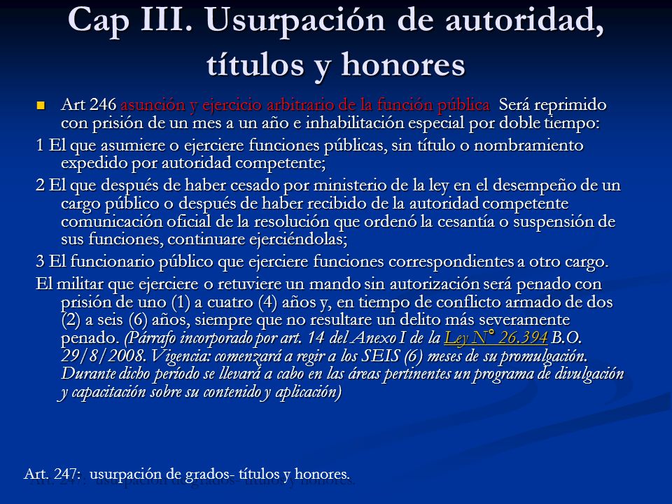 Cap III. Usurpación de autoridad, títulos y honores