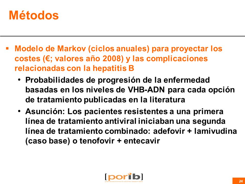 Métodos Modelo de Markov (ciclos anuales) para proyectar los costes (€; valores año 2008) y las complicaciones relacionadas con la hepatitis B.