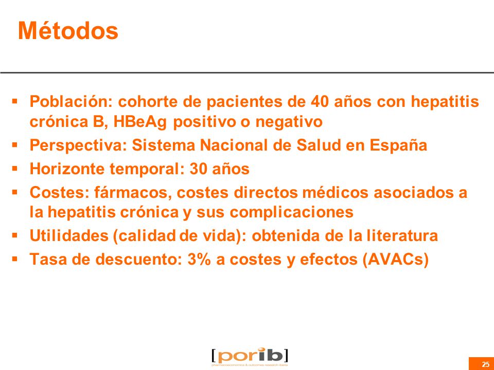 Métodos Población: cohorte de pacientes de 40 años con hepatitis crónica B, HBeAg positivo o negativo.