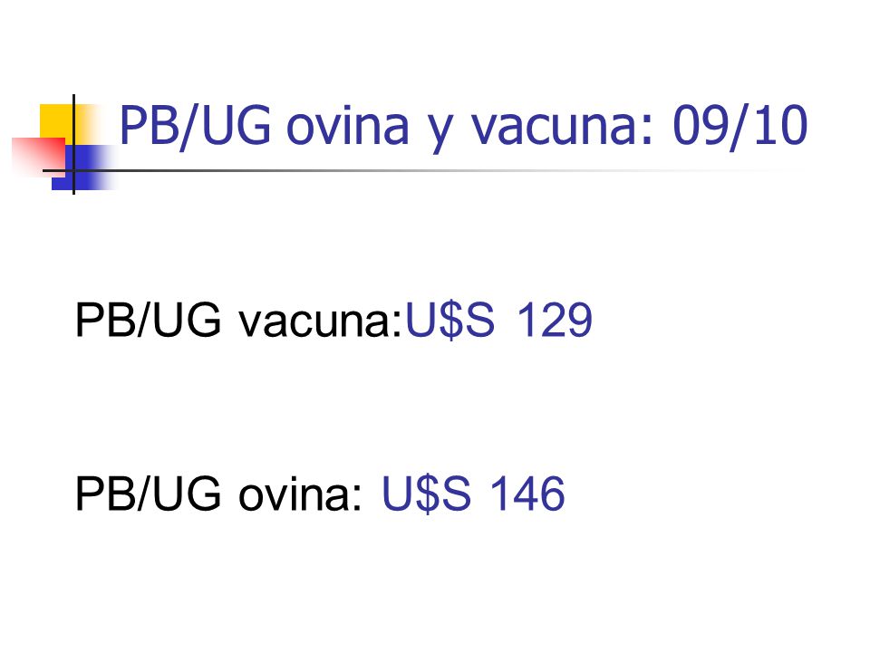 PB/UG ovina y vacuna: 09/10 PB/UG vacuna:U$S 129 PB/UG ovina: U$S 146