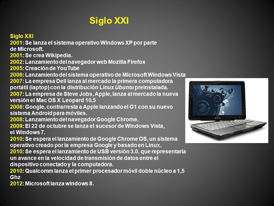 Siglo XXI Siglo XXI. 2001: Se lanza el sistema operativo Windows XP por parte de Microsoft. 2001: Se crea Wikipedia.