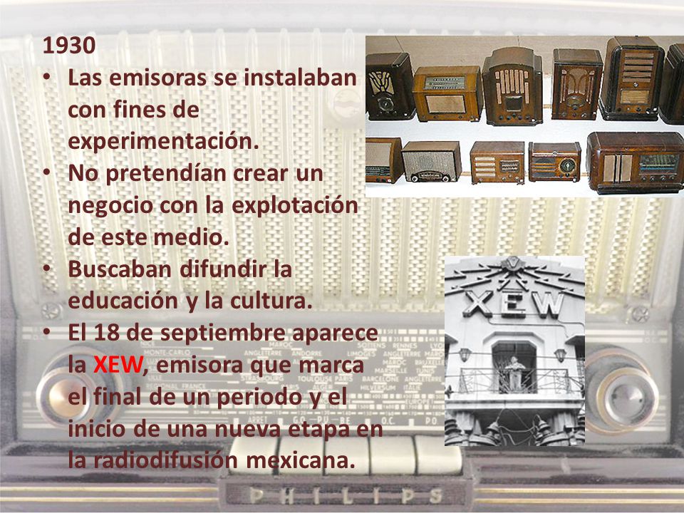 1930 Las emisoras se instalaban con fines de experimentación. No pretendían crear un negocio con la explotación de este medio.