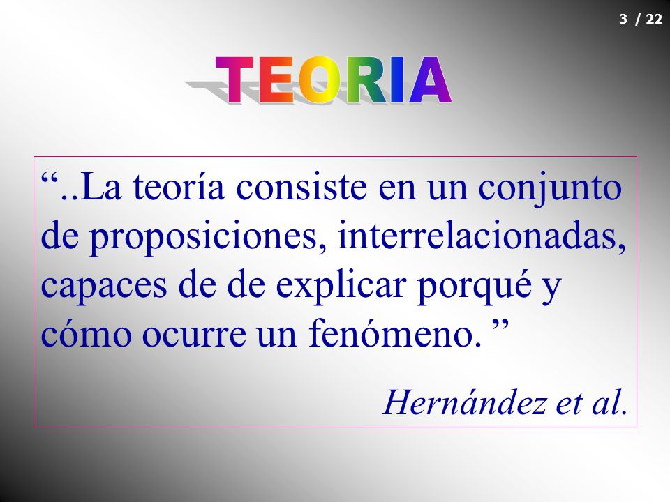 TEORIA ..La teoría consiste en un conjunto de proposiciones, interrelacionadas, capaces de de explicar porqué y cómo ocurre un fenómeno.