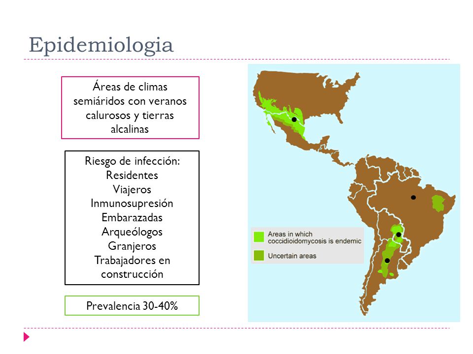 Epidemiologia Áreas de climas semiáridos con veranos calurosos y tierras alcalinas. Riesgo de infección: