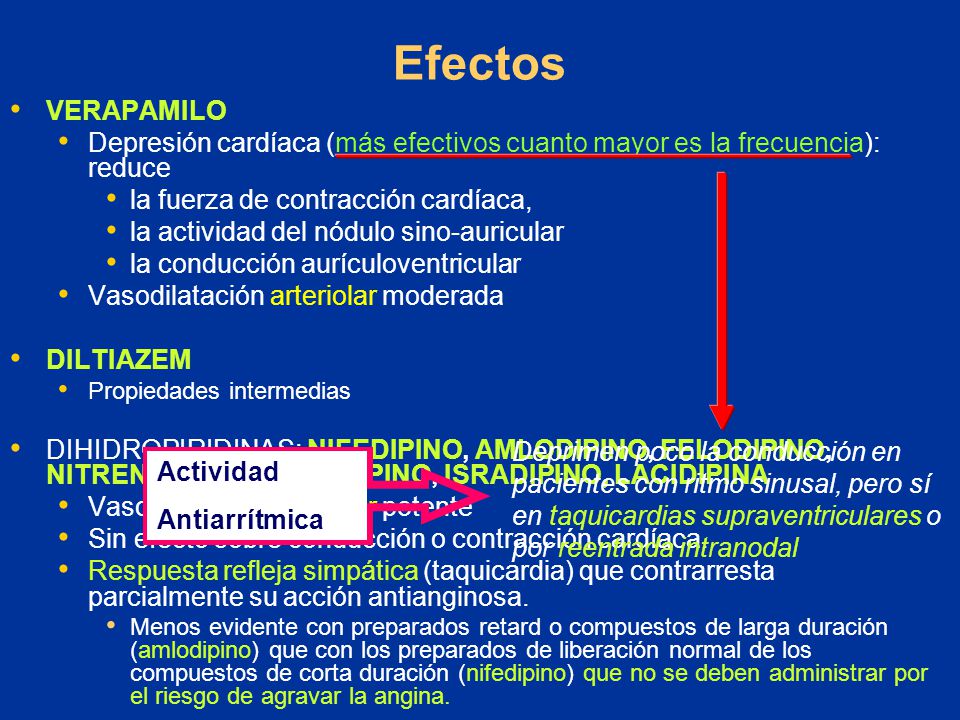 Efectos VERAPAMILO. Depresión cardíaca (más efectivos cuanto mayor es la frecuencia): reduce. la fuerza de contracción cardíaca,