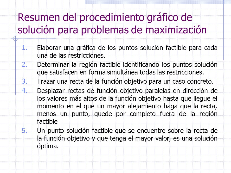 Resumen del procedimiento gráfico de solución para problemas de maximización