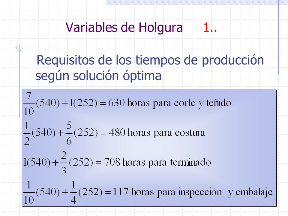Variables de Holgura 1.. Requisitos de los tiempos de producción según solución óptima