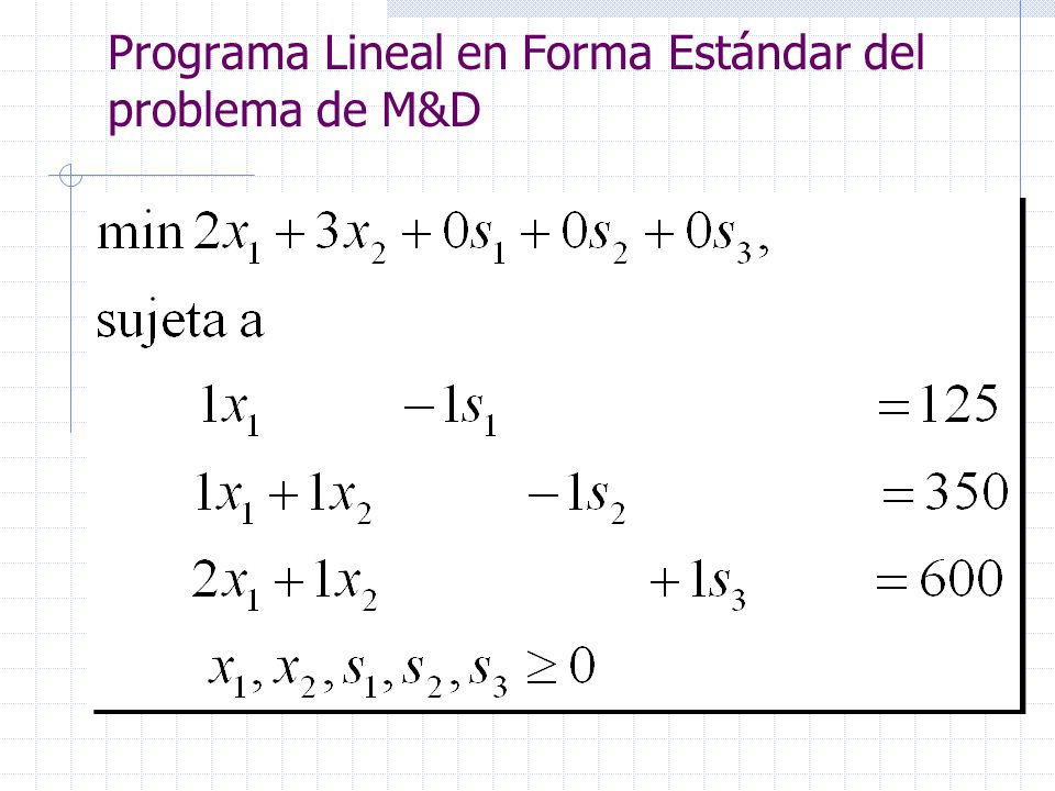 Programa Lineal en Forma Estándar del problema de M&D