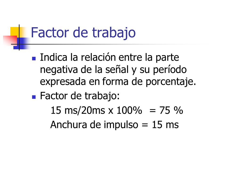 Factor de trabajo Indica la relación entre la parte negativa de la señal y su período expresada en forma de porcentaje.