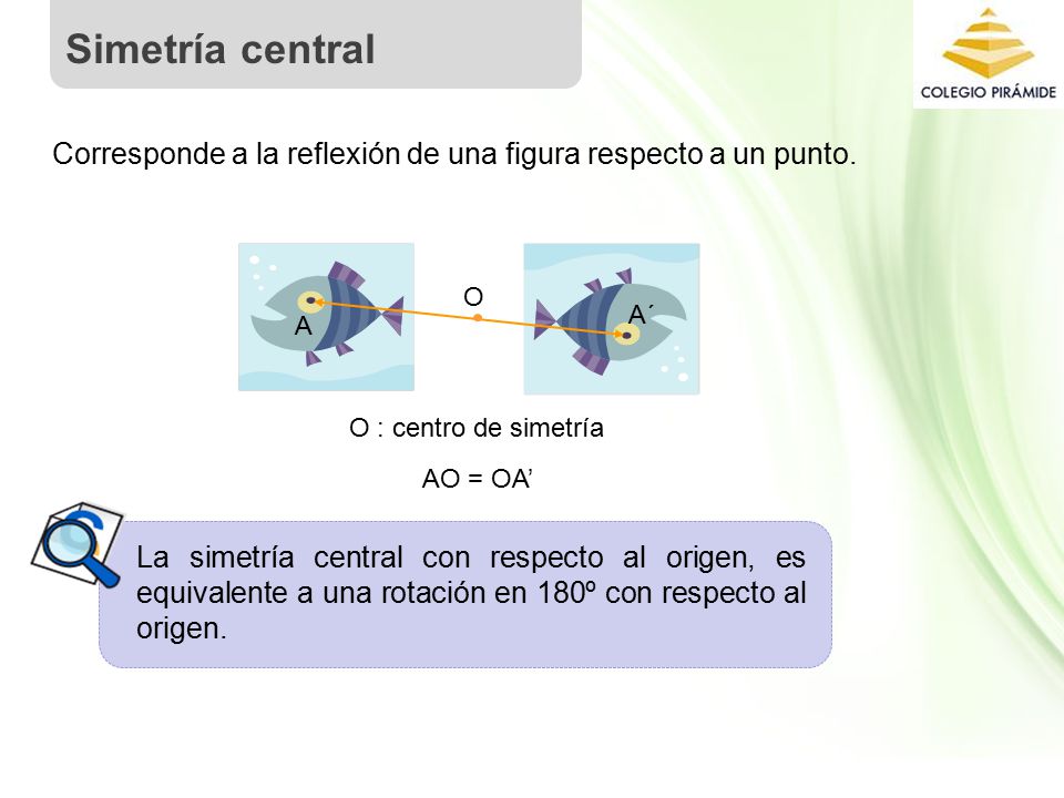 Simetría central Corresponde a la reflexión de una figura respecto a un punto. O. A´ A. O : centro de simetría.