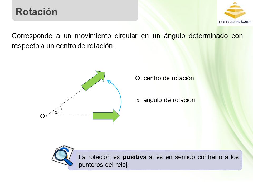 Rotación Corresponde a un movimiento circular en un ángulo determinado con respecto a un centro de rotación.