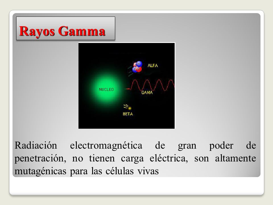 Rayos Gamma Radiación electromagnética de gran poder de penetración, no tienen carga eléctrica, son altamente mutagénicas para las células vivas.