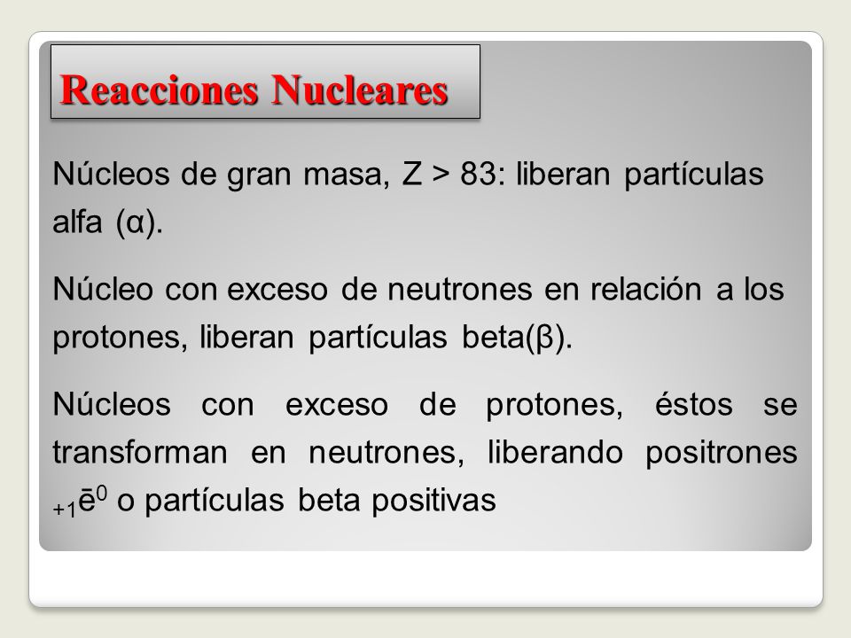 Reacciones Nucleares Núcleos de gran masa, Z > 83: liberan partículas alfa (α).