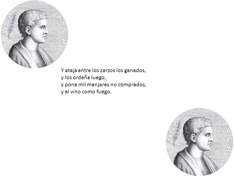 Y ataja entre los zarzos los ganados, y los ordeña luego, y pone mil manjares no comprados, y el vino como fuego.