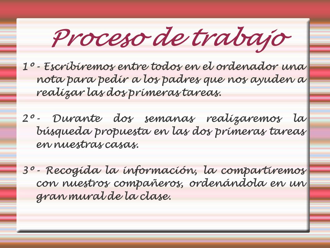 Proceso de trabajo 1º- Escribiremos entre todos en el ordenador una nota para pedir a los padres que nos ayuden a realizar las dos primeras tareas.