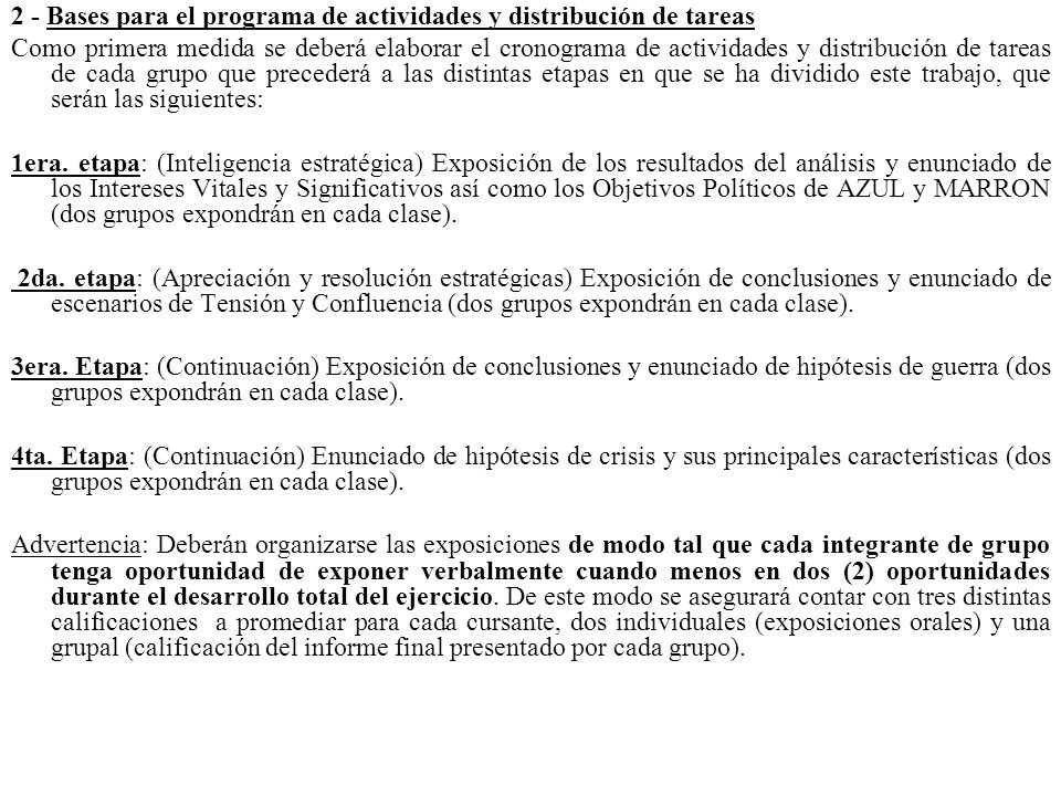 2 - Bases para el programa de actividades y distribución de tareas