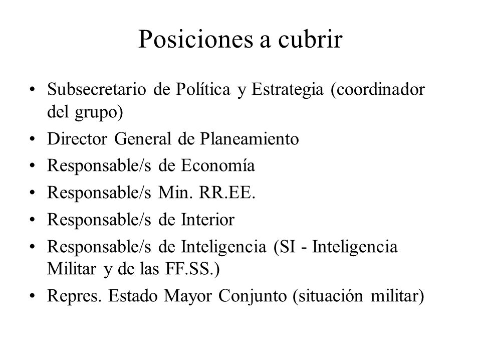 Posiciones a cubrir Subsecretario de Política y Estrategia (coordinador del grupo) Director General de Planeamiento.