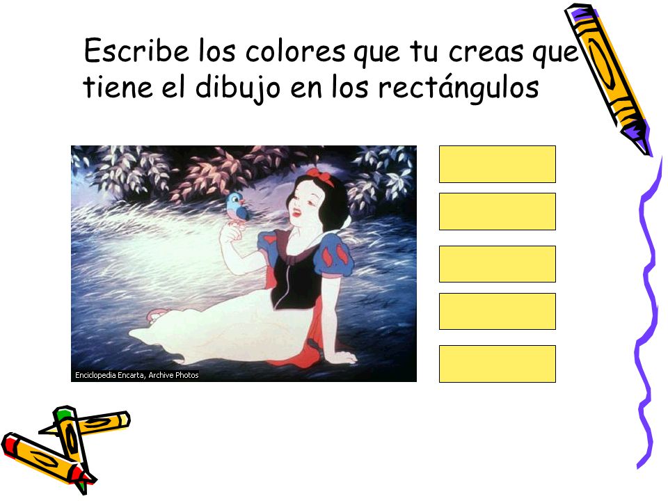 Escribe los colores que tu creas que tiene el dibujo en los rectángulos