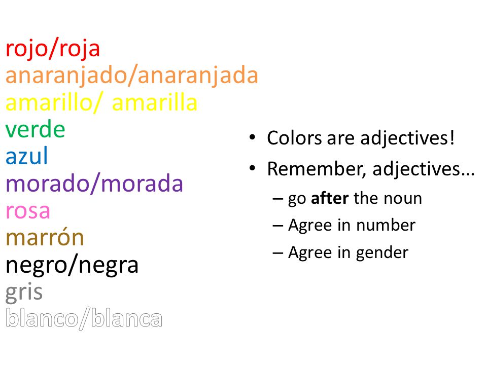 rojo/roja anaranjado/anaranjada amarillo/ amarilla verde azul morado/morada rosa marrón negro/negra gris blanco/blanca