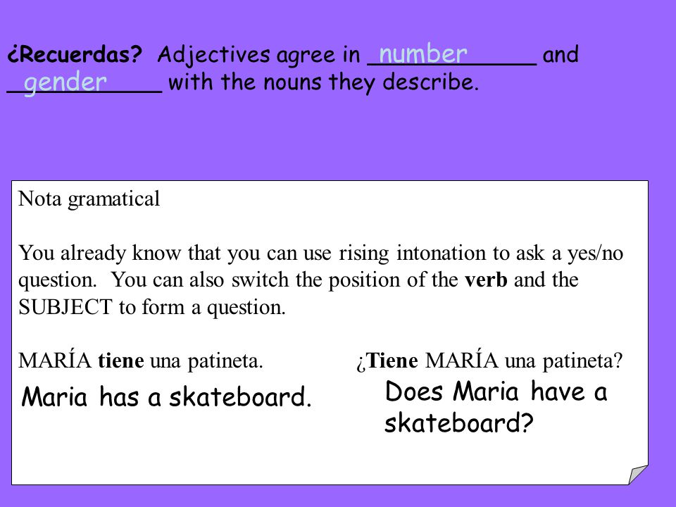 number gender Does Maria have a Maria has a skateboard. skateboard