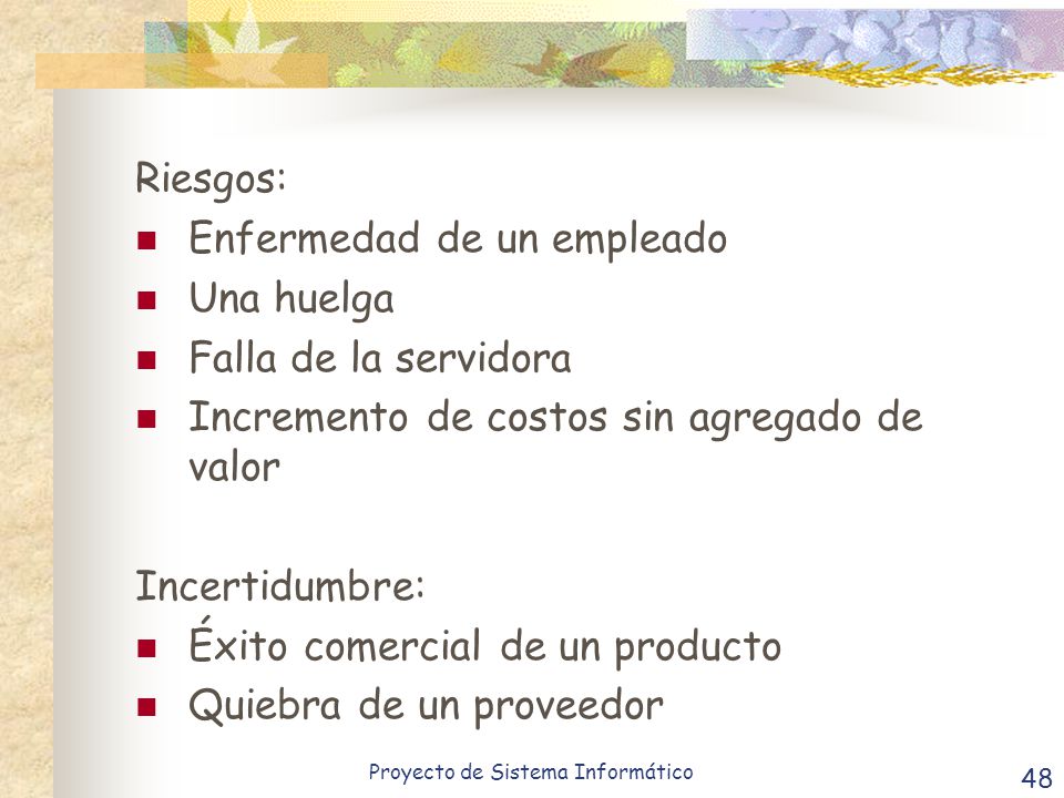 Riesgos: Enfermedad de un empleado. Una huelga. Falla de la servidora. Incremento de costos sin agregado de valor.