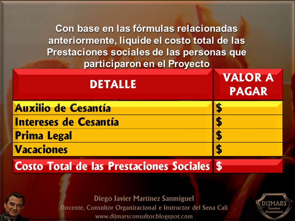 Con base en las fórmulas relacionadas anteriormente, liquide el costo total de las Prestaciones sociales de las personas que participaron en el Proyecto