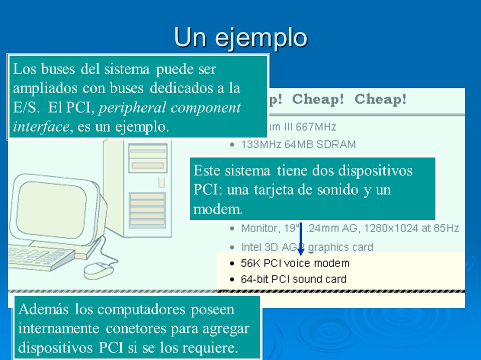 Un ejemplo Los buses del sistema puede ser ampliados con buses dedicados a la E/S. El PCI, peripheral component interface, es un ejemplo.