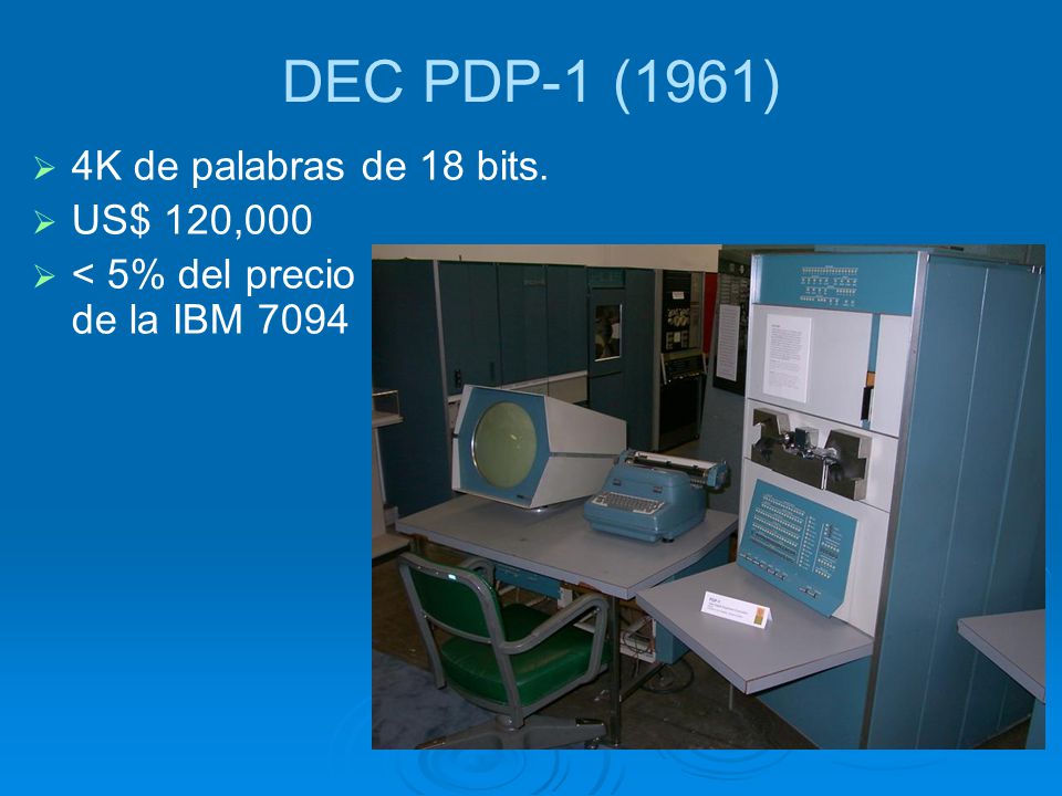 DEC PDP-1 (1961) 4K de palabras de 18 bits. US$ 120,000