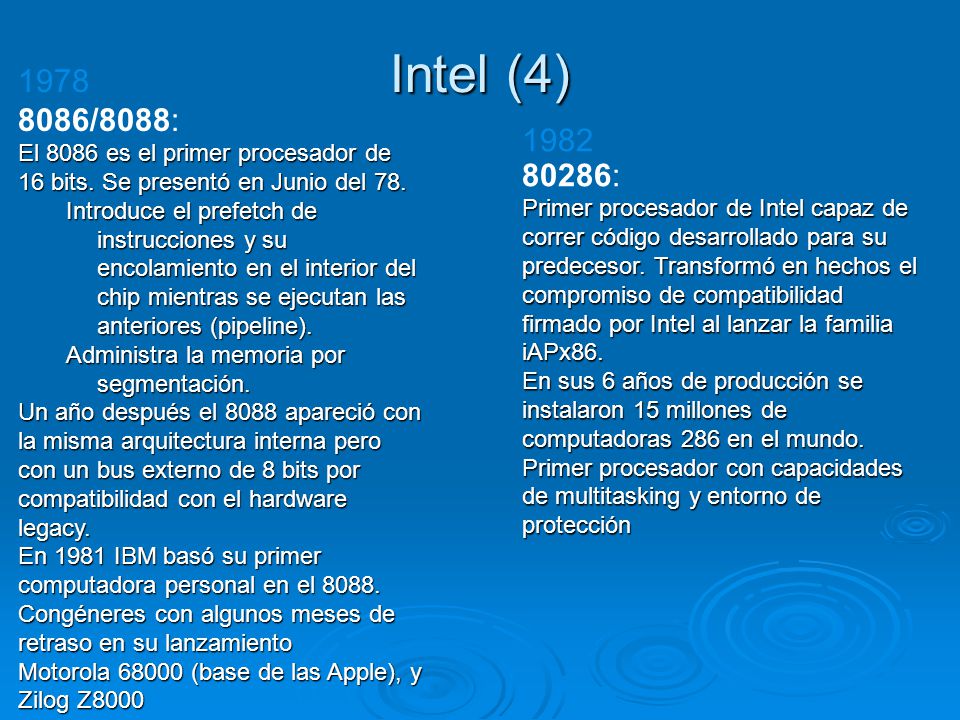 Intel (4) /8088: El 8086 es el primer procesador de 16 bits. Se presentó en Junio del 78.