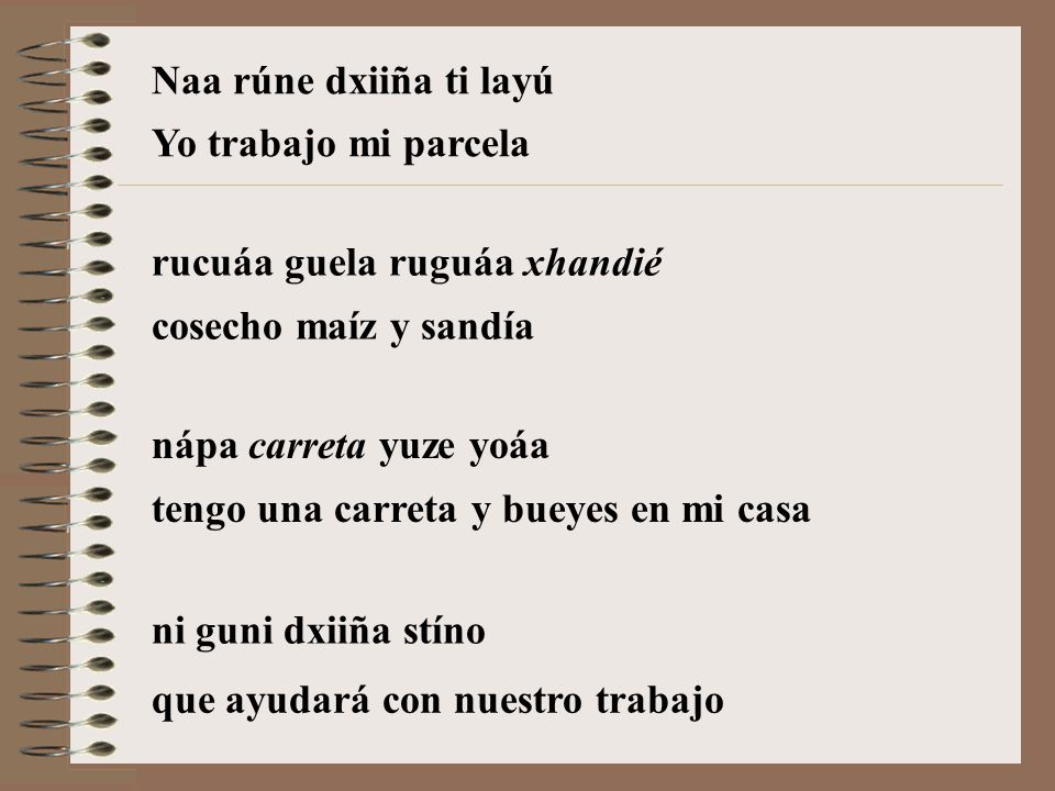 Naa rúne dxiiña ti layú Yo trabajo mi parcela. rucuáa guela ruguáa xhandié. cosecho maíz y sandía.