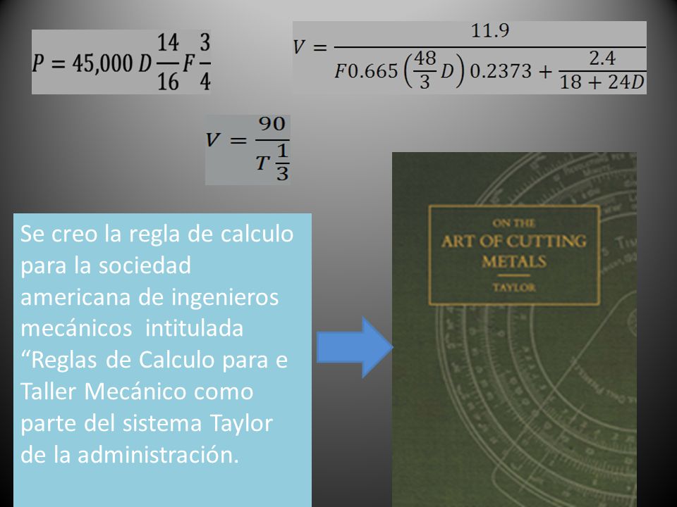 Se creo la regla de calculo para la sociedad americana de ingenieros mecánicos intitulada Reglas de Calculo para e Taller Mecánico como parte del sistema Taylor de la administración.