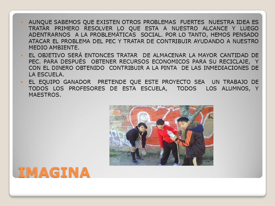 AUNQUE SABEMOS QUE EXISTEN OTROS PROBLEMAS FUERTES NUESTRA IDEA ES TRATAR PRIMERO RESOLVER LO QUE ESTA A NUESTRO ALCANCE Y LUEGO ADENTRARNOS A LA PROBLEMÁTICAS SOCIAL. POR LO TANTO, HEMOS PENSADO ATACAR EL PROBLEMA DEL PEC Y TRATAR DE CONTRIBUIR AYUDANDO A NUESTRO MEDIO AMBIENTE.
