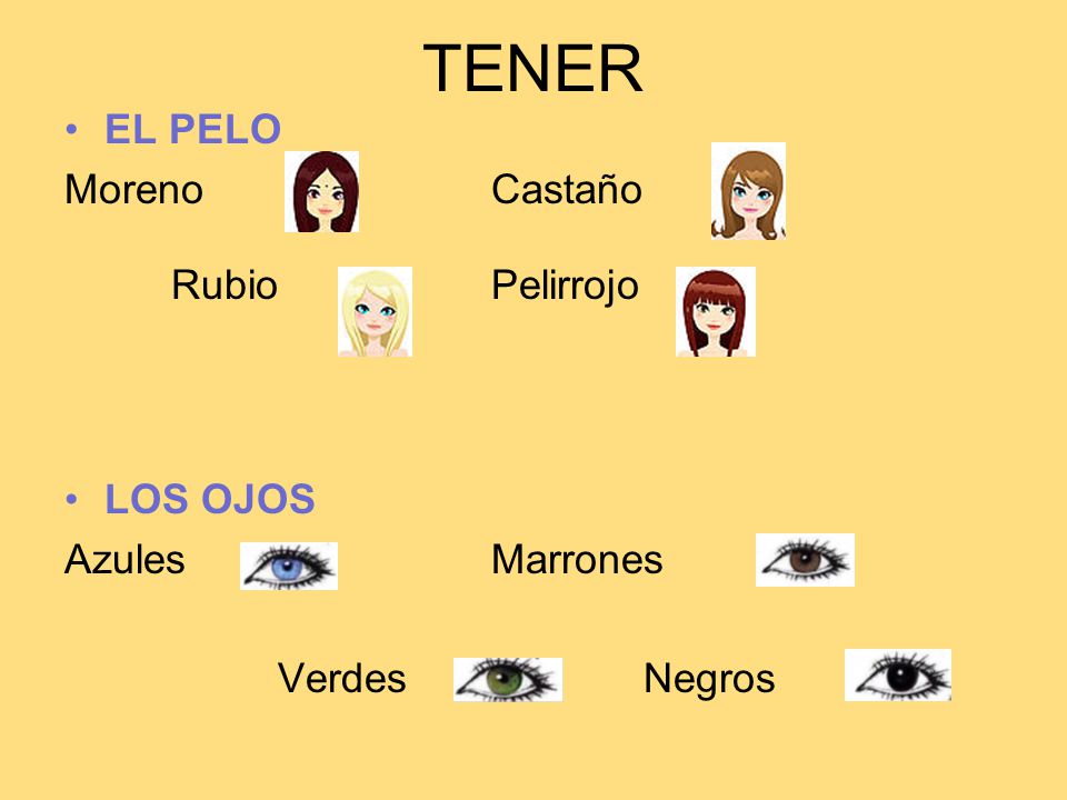 TENER EL PELO Moreno Castaño Rubio Pelirrojo LOS OJOS Azules Marrones