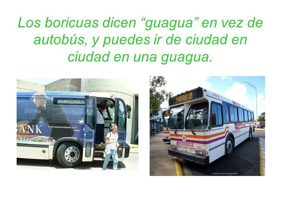 Los boricuas dicen guagua en vez de autobús, y puedes ir de ciudad en ciudad en una guagua.