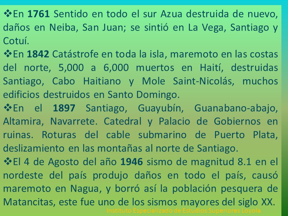 En 1761 Sentido en todo el sur Azua destruida de nuevo, daños en Neiba, San Juan; se sintió en La Vega, Santiago y Cotuí.