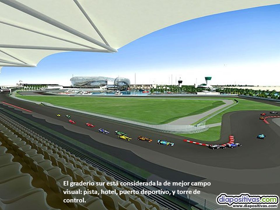 El graderio sur está considerada la de mejor campo visual: pista, hotel, puerto deportivo, y torre de control.