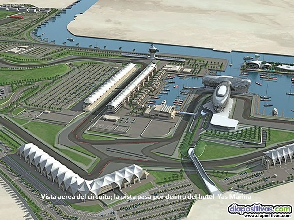 Vista aerea del circuito; la pista pasa por dentro del hotel Yas Marina