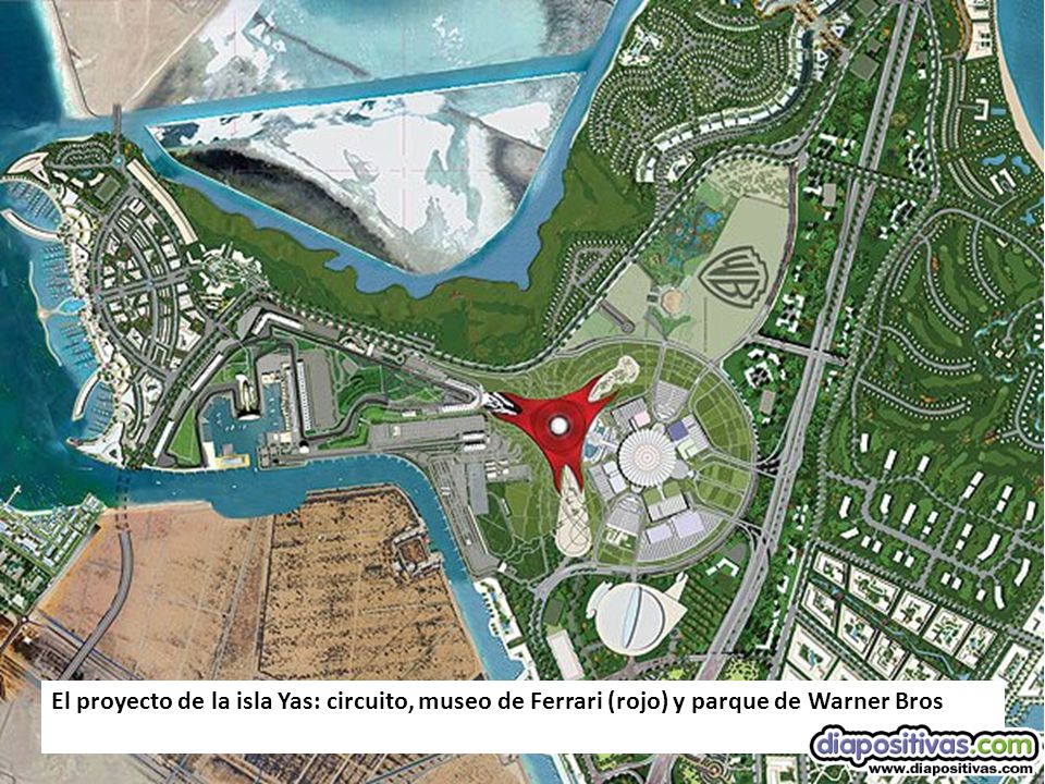 El proyecto de la isla Yas: circuito, museo de Ferrari (rojo) y parque de Warner Bros
