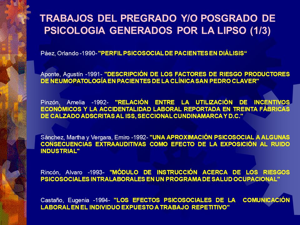 TRABAJOS DEL PREGRADO Y/O POSGRADO DE PSICOLOGIA GENERADOS POR LA LIPSO (1/3)