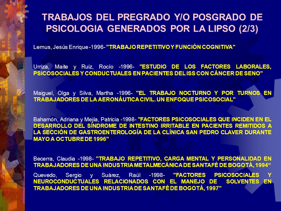 TRABAJOS DEL PREGRADO Y/O POSGRADO DE PSICOLOGIA GENERADOS POR LA LIPSO (2/3)