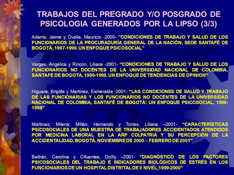 TRABAJOS DEL PREGRADO Y/O POSGRADO DE PSICOLOGIA GENERADOS POR LA LIPSO (3/3)
