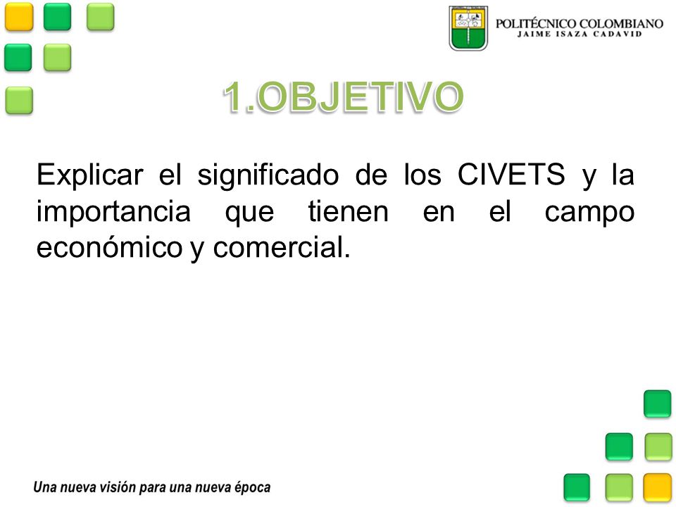 1.OBJETIVO Explicar el significado de los CIVETS y la importancia que tienen en el campo económico y comercial.