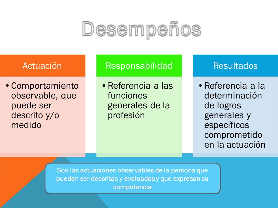Actuación Comportamiento observable, que puede ser descrito y/o medido. Responsabilidad. Referencia a las funciones generales de la profesión.