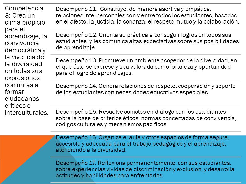Competencia 3: Crea un clima propicio para el aprendizaje, la convivencia democrática y la vivencia de la diversidad en todas sus expresiones con miras a formar ciudadanos críticos e interculturales.