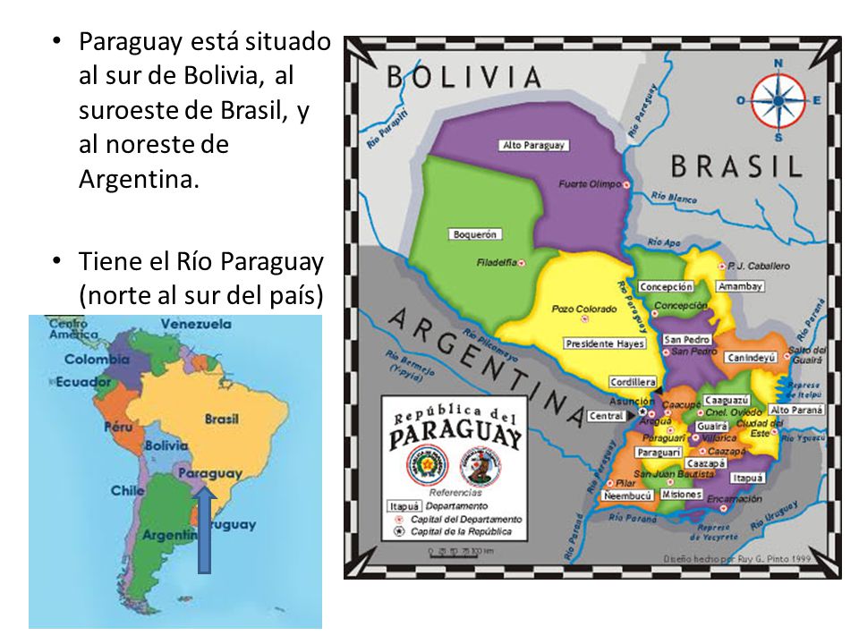 Paraguay está situado al sur de Bolivia, al suroeste de Brasil, y al noreste de Argentina.