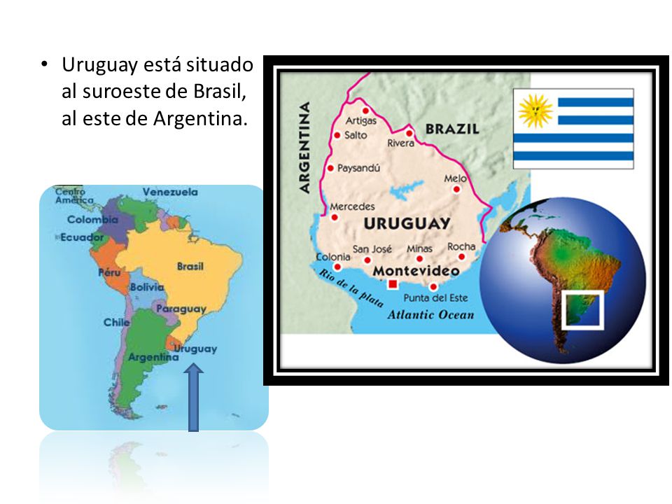 Uruguay está situado al suroeste de Brasil, al este de Argentina.