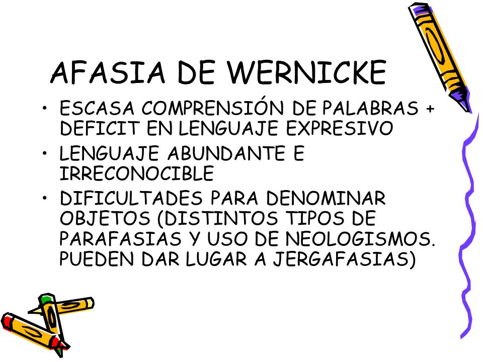AFASIA DE WERNICKE ESCASA COMPRENSIÓN DE PALABRAS + DEFICIT EN LENGUAJE EXPRESIVO. LENGUAJE ABUNDANTE E IRRECONOCIBLE.